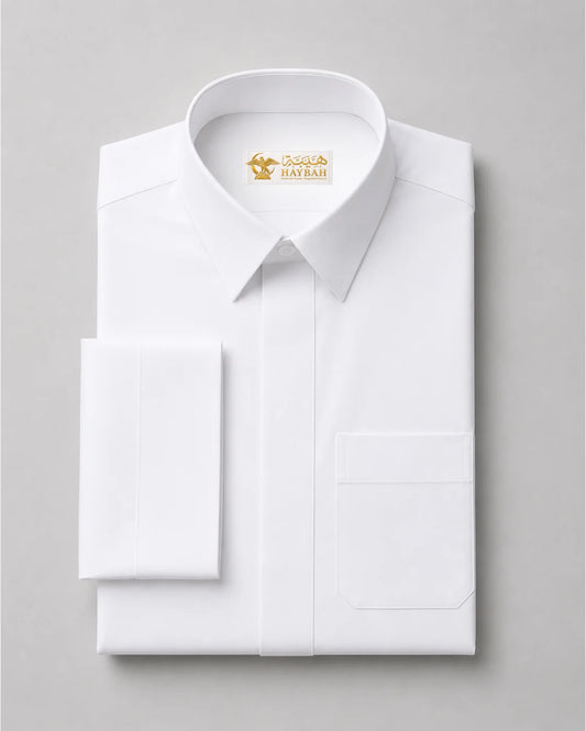 Folded Haybah Pure White Classic thobe showcasing premium fabric, structured turn down collar and clean tailored craftsmanship for everyday wear