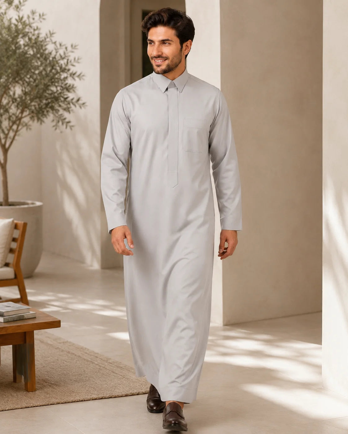 Luxury Light Grey Saudi Thobe for Men in Elegant Lifestyle Setting – Modern Islamic Clothing for Daily Wear and Special Occasions