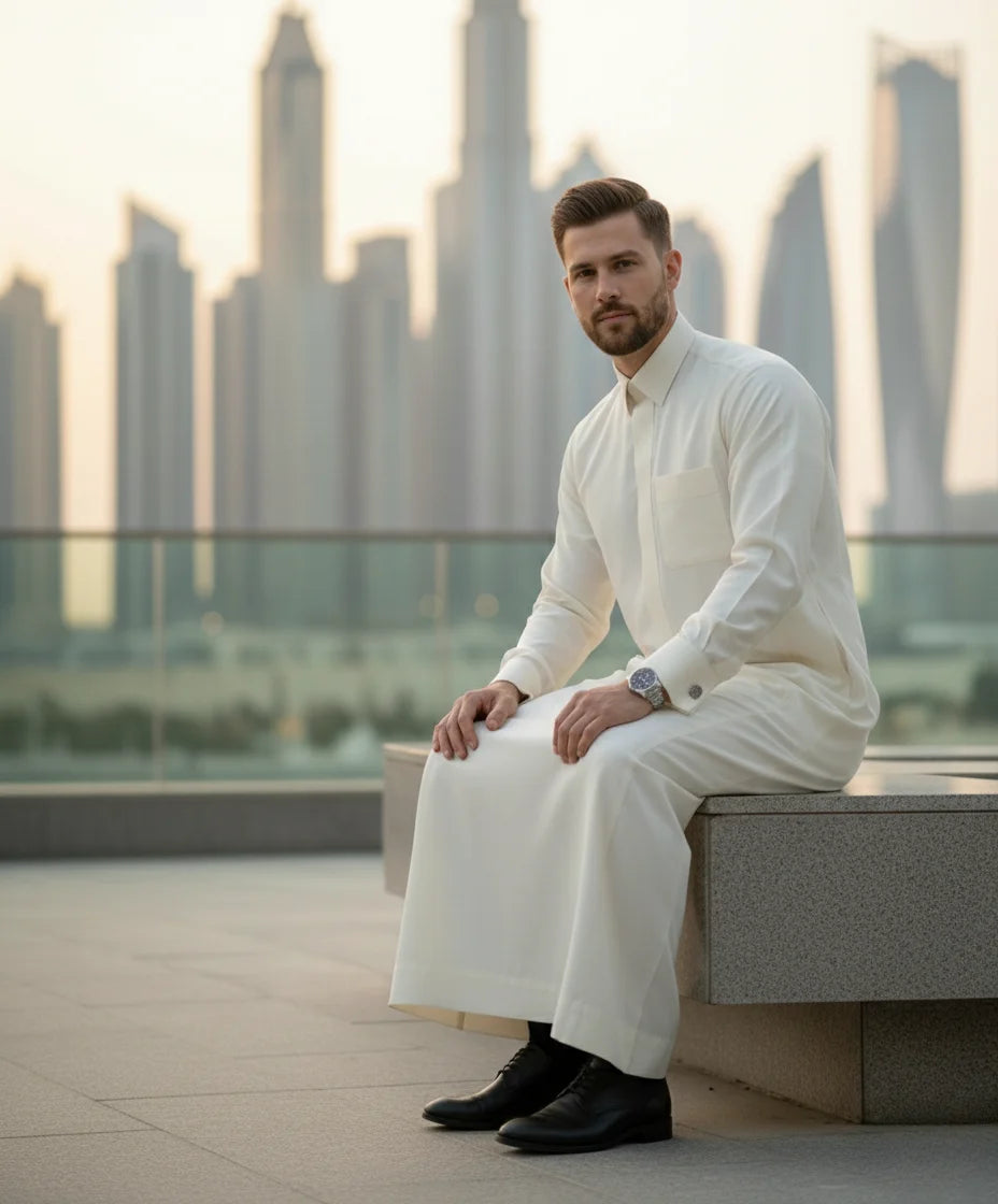 Off White Luxury Thobe styled in a premium urban setting with modern skyline views, showcasing confidence, prestige, executive elegance, refined Gulf fashion, and timeless sophistication. Designed for weddings, formal celebrations, elite gatherings, business occasions, and gentlemen who appreciate premium craftsmanship and understated luxury. ثوب أوف وايت فاخر بإطلالة حضرية راقية يجمع بين الفخامة الخليجية والأناقة العصرية للمناسبات الرسمية والاحتفالات المميزة.