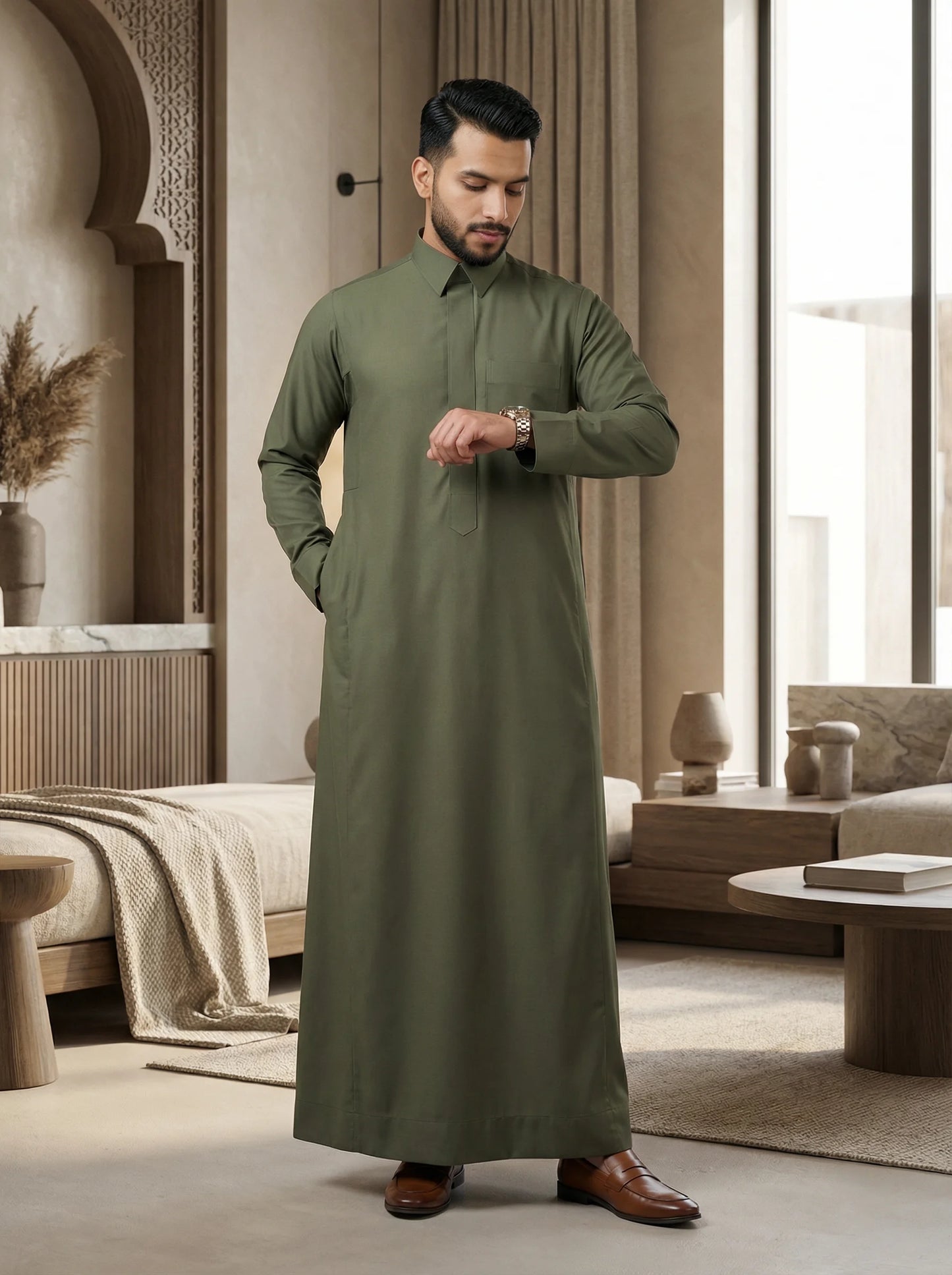 Olive Green Premium Thobe styled in a luxury modern interior setting, showcasing premium Islamic menswear with structured elegance, comfort, and timeless sophistication. Luxury Saudi thobe, men's designer thobe, premium jubba, ثوب سعودي فاخر للرجال, ثوب أخضر زيتوني, ثوب رجالي أنيق, ثوب عربي فاخر, جلابية رجالية فخمة, دشداشة رجالية راقية, ملابس إسلامية رجالية, premium modest fashion designed for professionals, Ramadan, Eid, family gatherings, prayer, and elevated everyday living across Saudi Arabia and the GC