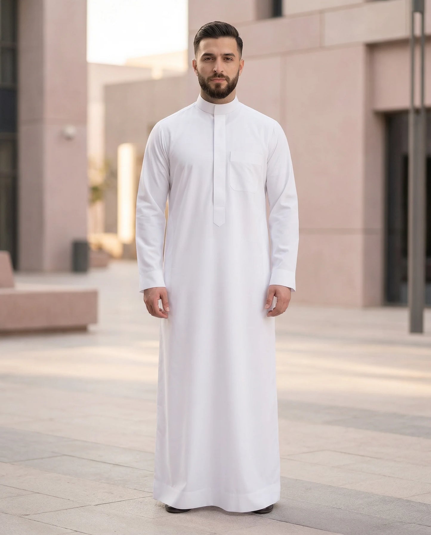 Luxury Ready White Signature Saudi Thobe for Men in Contemporary Urban Setting – Premium Islamic Clothing for Modern Gentlemen