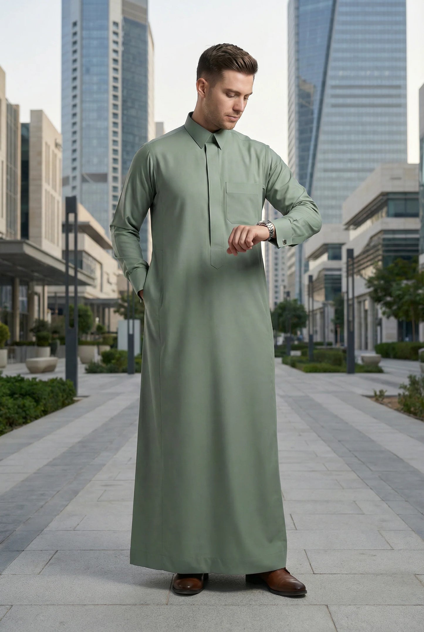 Sage Green Classic Thobe styled in a modern urban setting, showcasing premium Islamic menswear with elegance, comfort, and timeless sophistication. Luxury Saudi thobe, men's designer thobe, premium jubba, ثوب سعودي فاخر للرجال, ثوب أخضر سيج, ثوب رجالي أنيق, ثوب عربي فاخر, جلابية رجالية فخمة, دشداشة رجالية راقية, ملابس إسلامية رجالية, premium modest fashion designed for professionals, Ramadan, Eid, prayer, family gatherings, and elevated everyday living across Saudi Arabia and the GCC.