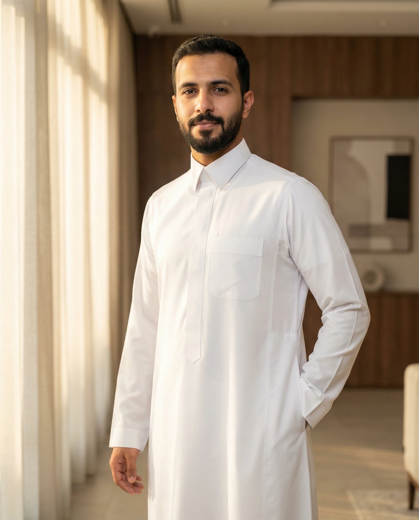 Man wearing Haybah Pure White Classic thobe in a modern interior setting, showcasing premium comfort and timeless everyday elegance