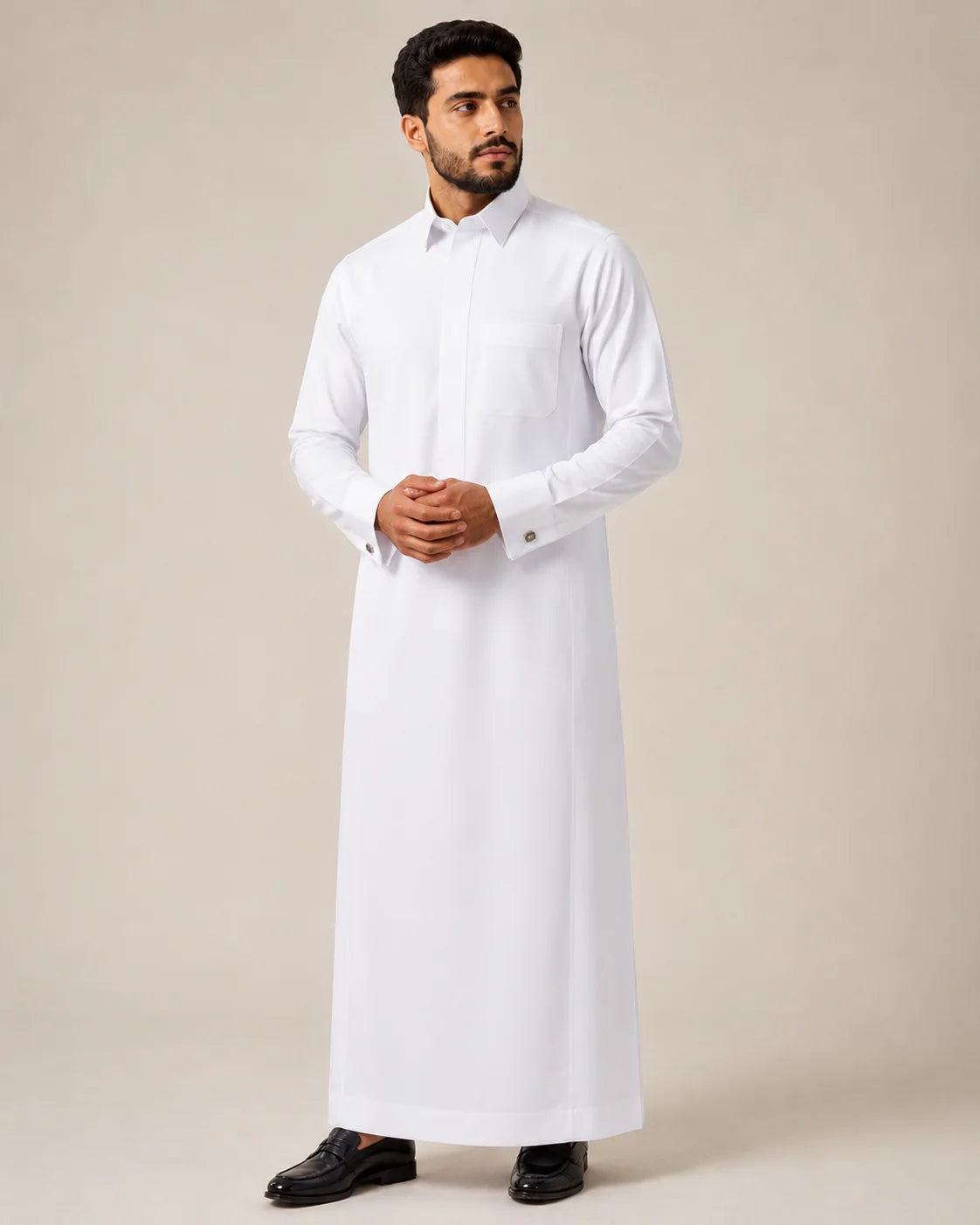 Al Noor Executive Saudi Thobe for Men with Classic Turn-Down Collar – Premium White Islamic Thobe for Business, Prayer and Formal Wear