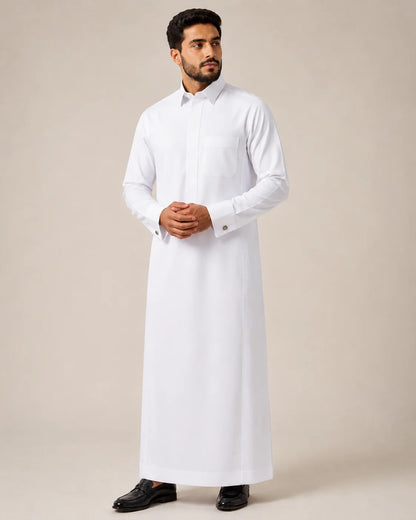 Al Noor Executive Saudi Thobe for Men with Classic Turn-Down Collar – Premium White Islamic Thobe for Business, Prayer and Formal Wear