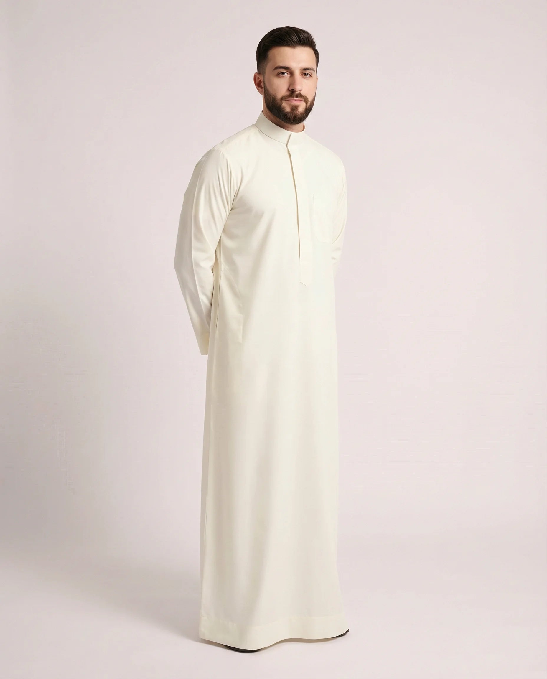 Premium Butter White Saudi Thobe for Men with Mandarin Collar – Everyday Elegant Traditional Wear
