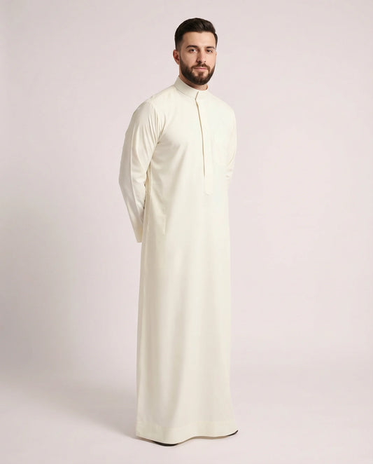 Premium Butter White Saudi Thobe for Men with Mandarin Collar – Everyday Elegant Traditional Wear