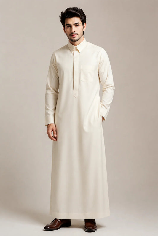Cream White Signature Saudi Thobe for Men featuring a refined turn down collar, premium lightweight fabric and elegant everyday classic tailoring