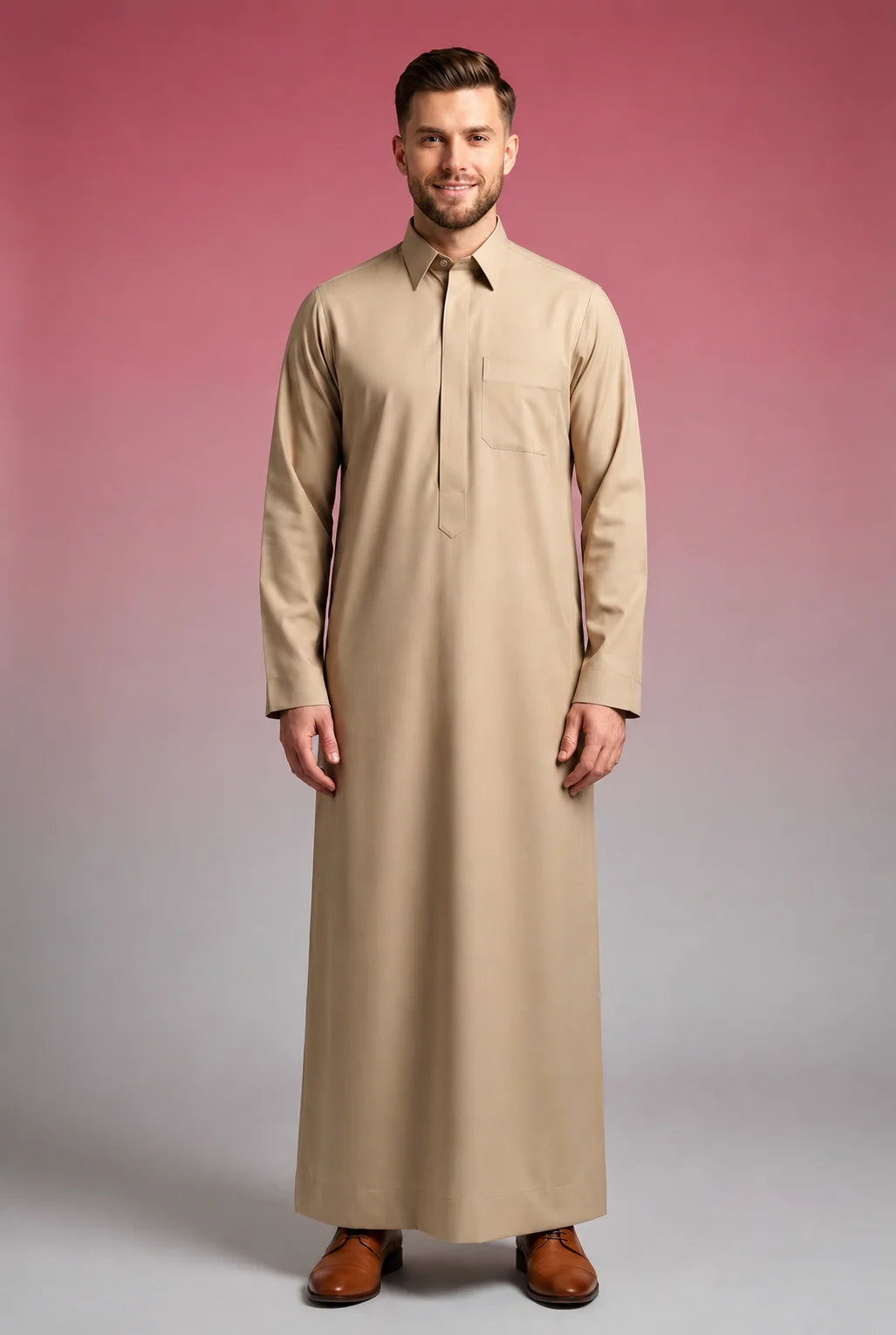 Desert Beige Classic Thobe Timeless Warm Elegance for men featuring premium tailoring, concealed front placket, refined shirt collar, breathable luxury fabric, and sophisticated desert beige finish. Luxury Saudi thobe, men's thobe, Islamic clothing, Arabic menswear, ثوب رجالي, ثوب سعودي, ثوب بيج صحراوي, ثوب بيج رجالي, ثوب فاخر للرجال, جلابية رجالية أنيقة, دشداشة رجالية راقية, ملابس إسلامية رجالية, premium modest fashion designed for work, prayer, Ramadan, Eid celebrations, family gatherings, and elegant eve