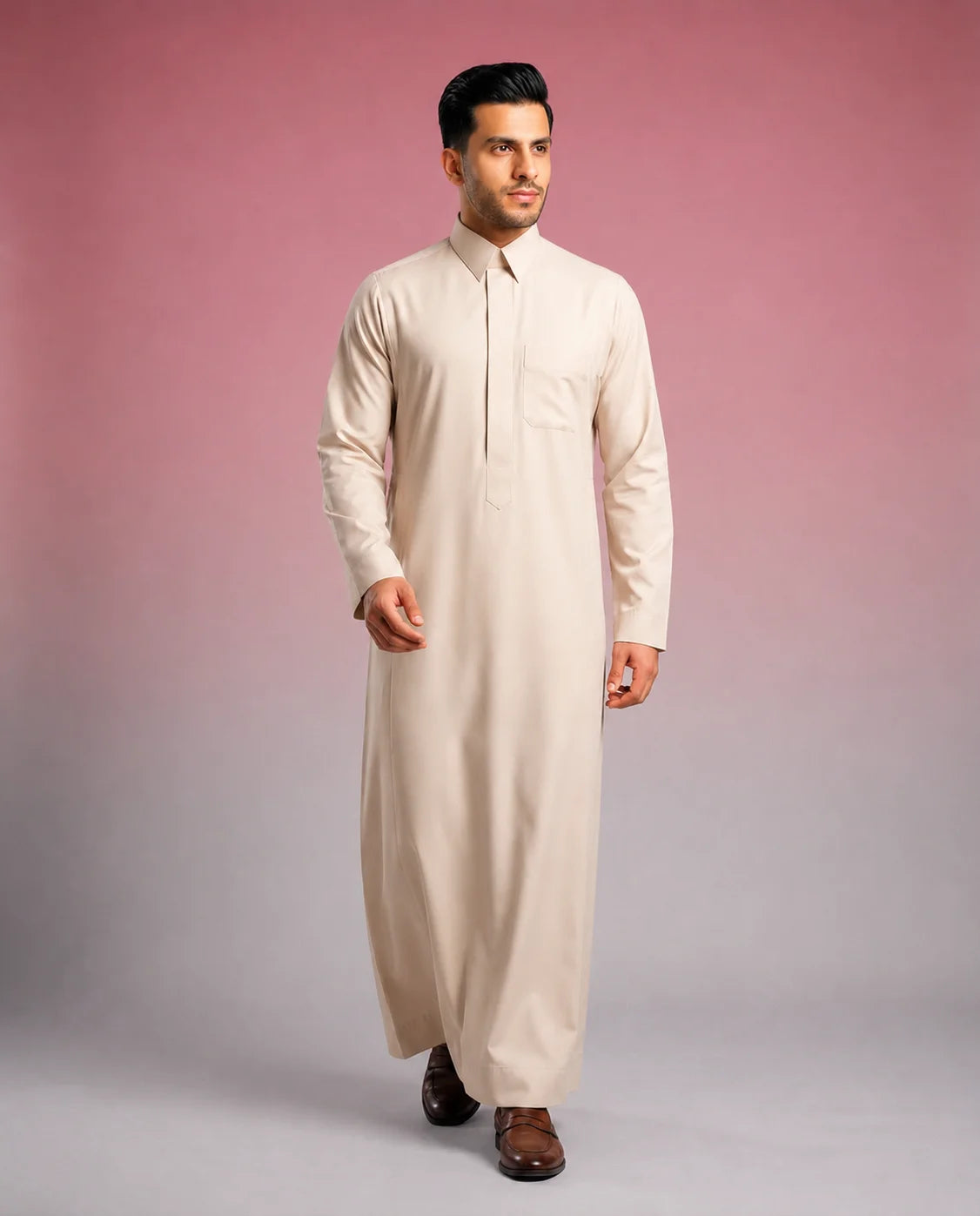 Pearl Beige Classic Thobe Refined Everyday Elegance for men featuring premium tailoring, concealed front placket, elegant shirt collar, breathable luxury fabric, and sophisticated pearl beige finish. Luxury Saudi thobe, men's thobe, Islamic clothing, Arabic menswear, ثوب رجالي, ثوب سعودي, ثوب بيج لؤلؤي, ثوب بيج فاتح, ثوب فاخر للرجال, جلابية رجالية أنيقة, دشداشة رجالية راقية, ملابس إسلامية رجالية, premium modest fashion suitable for work, prayer, Ramadan, Eid celebrations, family gatherings, and refined ever