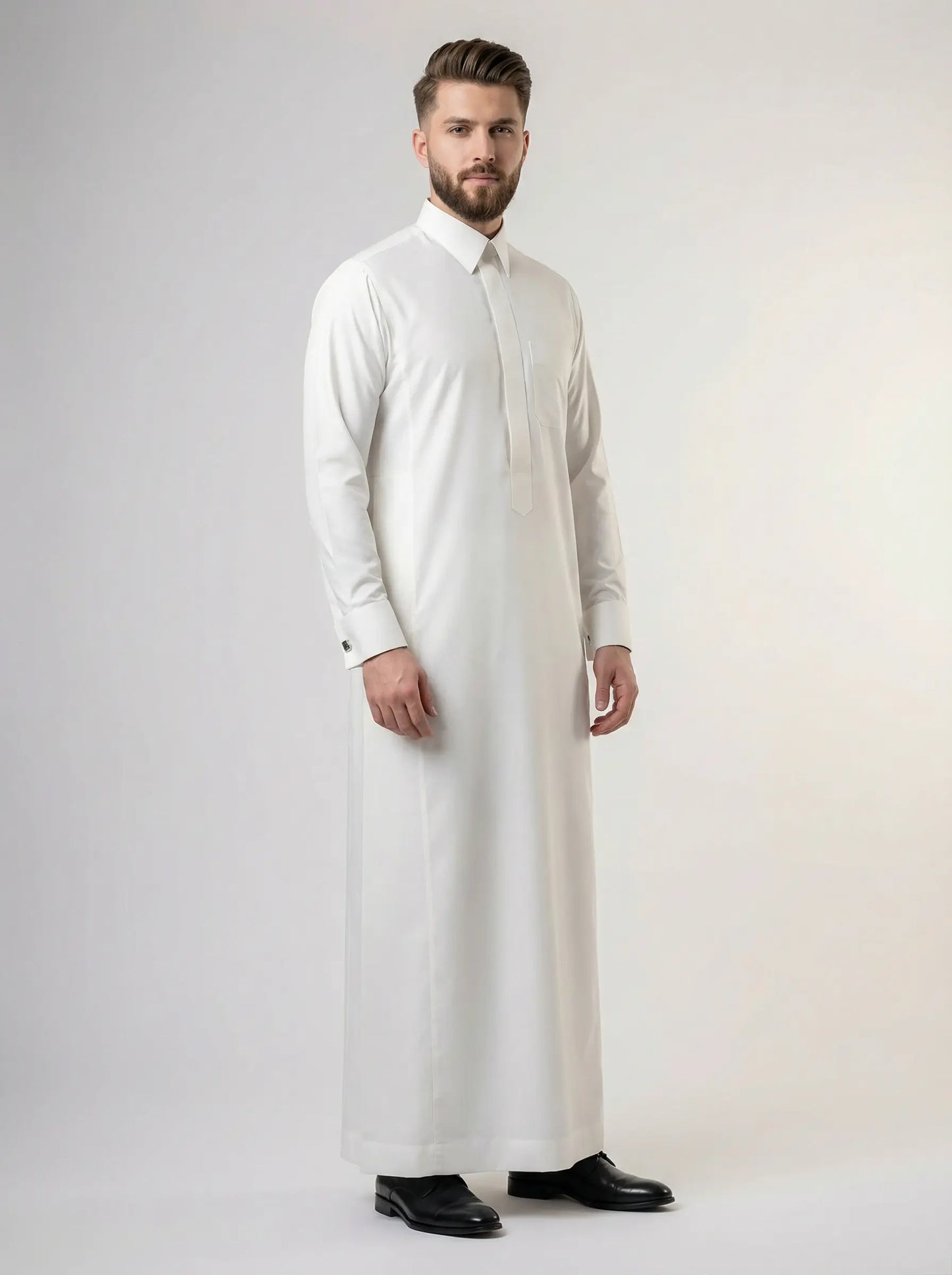 Pearl White Premium Formal Thobe for Men by Haybah featuring luxury tailoring, structured formal collar, concealed placket, premium fabric, and executive styling for business meetings, Eid, weddings, and formal occasions.