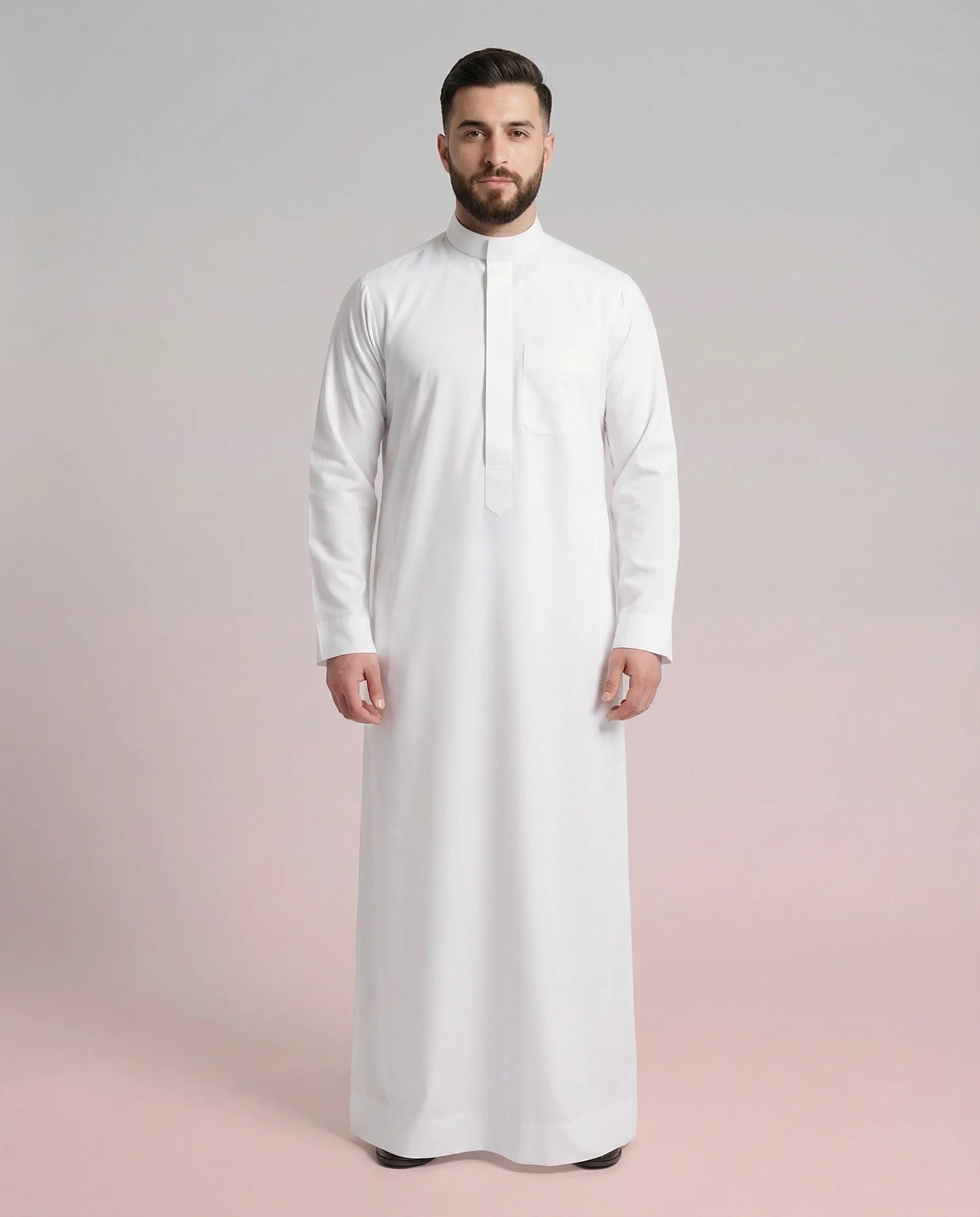 Ready White Signature Saudi Thobe for Men with Mandarin Collar – Premium Everyday Islamic Thobe for Prayer, Work and Formal Occasions