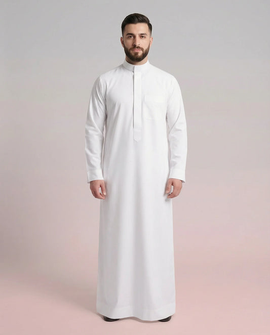 Ready White Signature Saudi Thobe for Men with Mandarin Collar – Premium Everyday Islamic Thobe for Prayer, Work and Formal Occasions