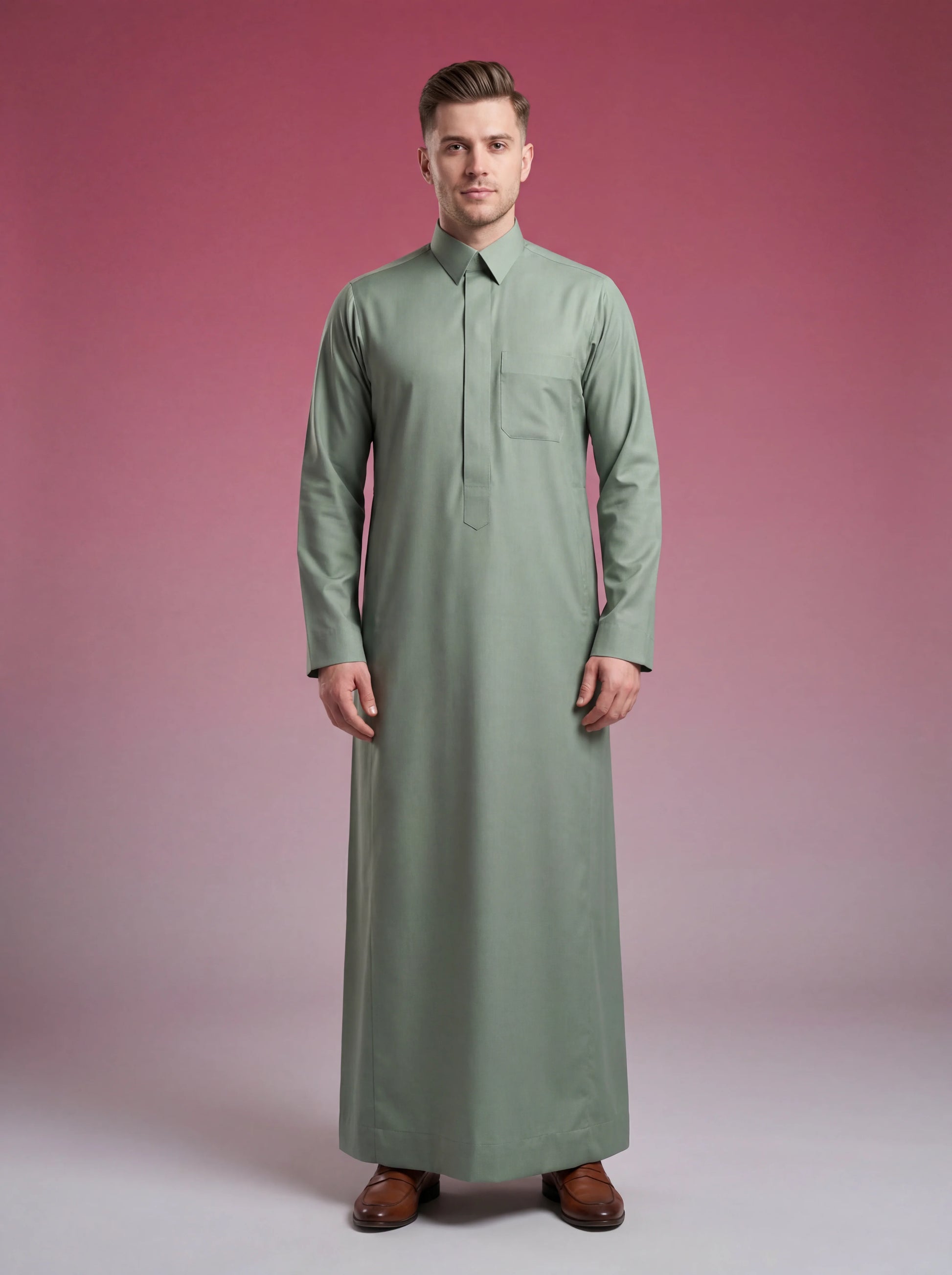 Sage Green Classic Thobe Elevated Everyday Wear for men featuring a refined sage green tone, concealed front placket, elegant shirt collar, breathable premium fabric, and timeless Saudi-inspired tailoring. Luxury men's thobe, Saudi thobe, Islamic clothing, Arabic menswear, ثوب رجالي, ثوب سعودي, ثوب أخضر سيج, ثوب أخضر فاتح, ثوب رجالي فاخر, جلابية رجالية أنيقة, دشداشة رجالية راقية, ملابس إسلامية رجالية, premium modest fashion suitable for work, prayer, Ramadan, Eid celebrations, family gatherings, and sophist