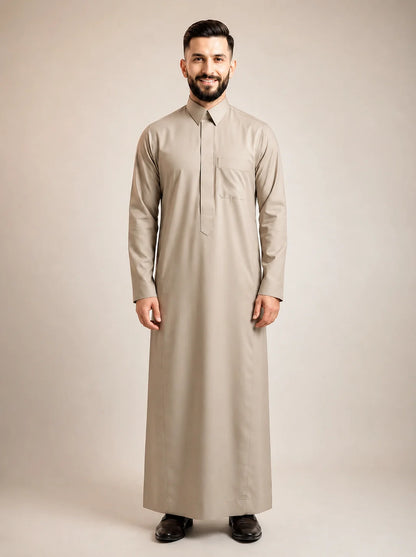 Sand Grey Classic Saudi Thobe for Men with Turn-Down Collar – Premium Everyday Islamic Thobe with Modern Tailored Fit