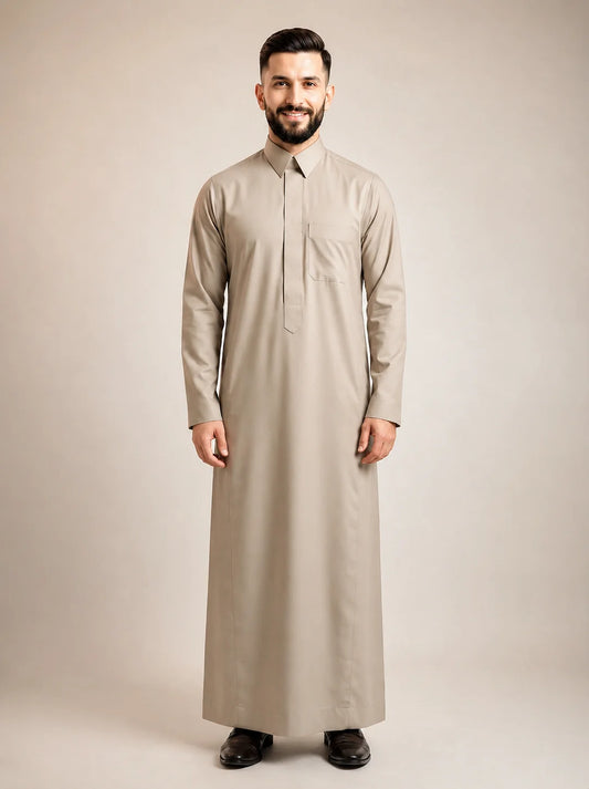 Sand Grey Classic Saudi Thobe for Men with Turn-Down Collar – Premium Everyday Islamic Thobe with Modern Tailored Fit