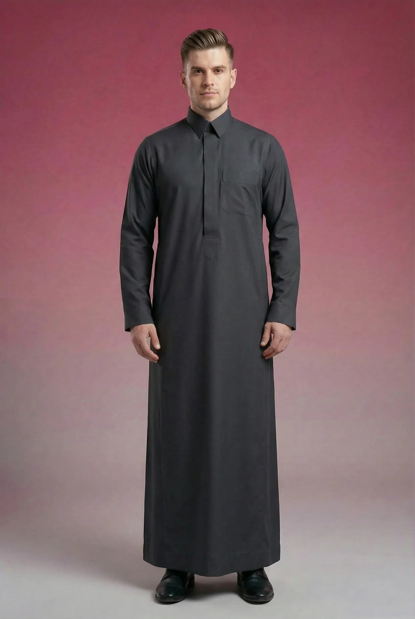Smoke Black Classic Thobe for Men Premium Everyday Wear featuring a sophisticated smoke black tone, concealed front placket, elegant shirt collar, premium breathable fabric, and refined Saudi-inspired tailoring. Luxury men's thobe, Saudi thobe, black thobe, charcoal thobe, Islamic clothing, Arabic menswear, ثوب أسود رجالي, ثوب فحمي, ثوب سعودي فاخر, ثوب رجالي أنيق, جلابية رجالية فاخرة, دشداشة رجالية راقية, ملابس إسلامية رجالية, premium modest fashion suitable for work, prayer, Ramadan, Eid celebrations, busi