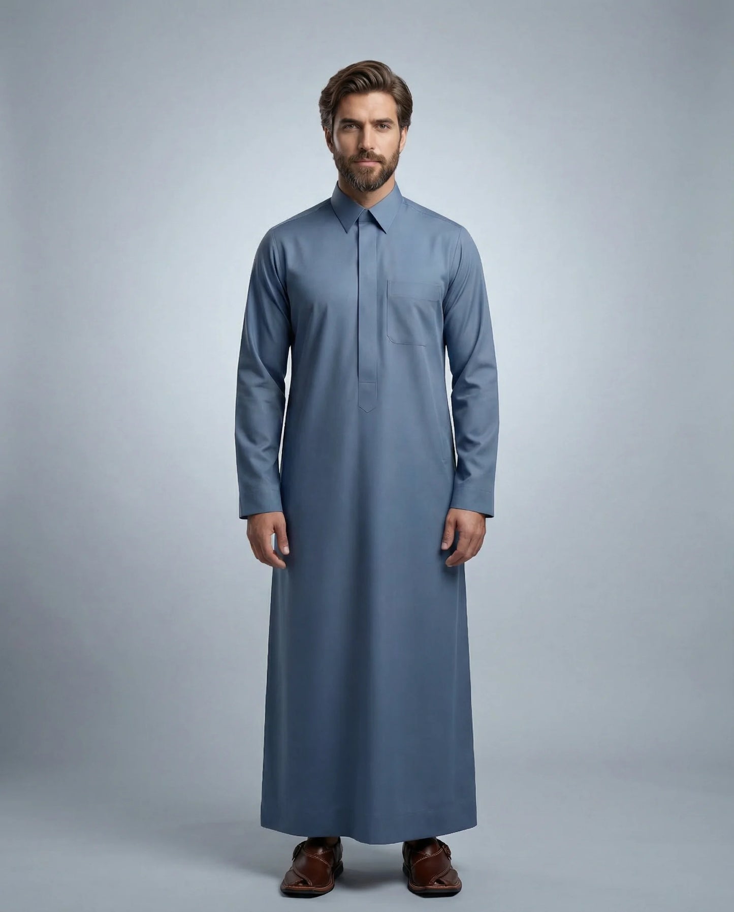 Steel Blue Classic Thobe Modern Everyday Confidence for men featuring premium tailoring, structured turn-down collar, concealed front placket, breathable luxury fabric, and refined steel blue finish. Luxury Saudi thobe, men's thobe, Islamic clothing, Arabic menswear, ثوب رجالي, ثوب سعودي, ثوب أزرق فولاذي, ثوب رجالي فاخر, جلابية رجالية أنيقة, دشداشة رجالية, ثوب رسمي للرجال, premium modest fashion designed for daily wear, business settings, Eid celebrations, Ramadan gatherings, Friday prayer, and sophisticate