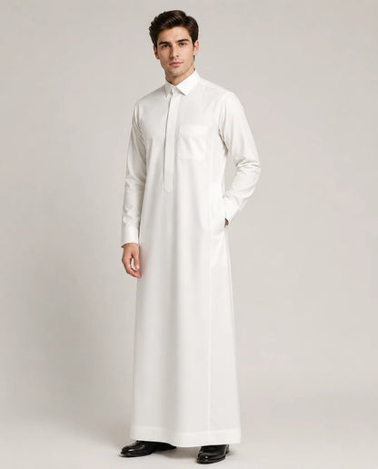Pearl White Classic Saudi thobe for men featuring a modern tailored fit, premium fabric, concealed placket design and long sleeves, front view