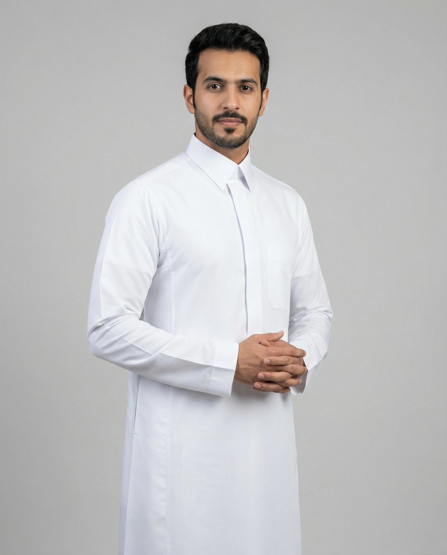 Haybah Pure White Classic thobe for men featuring a turn down collar, premium lightweight fabric and refined everyday Saudi-inspired design