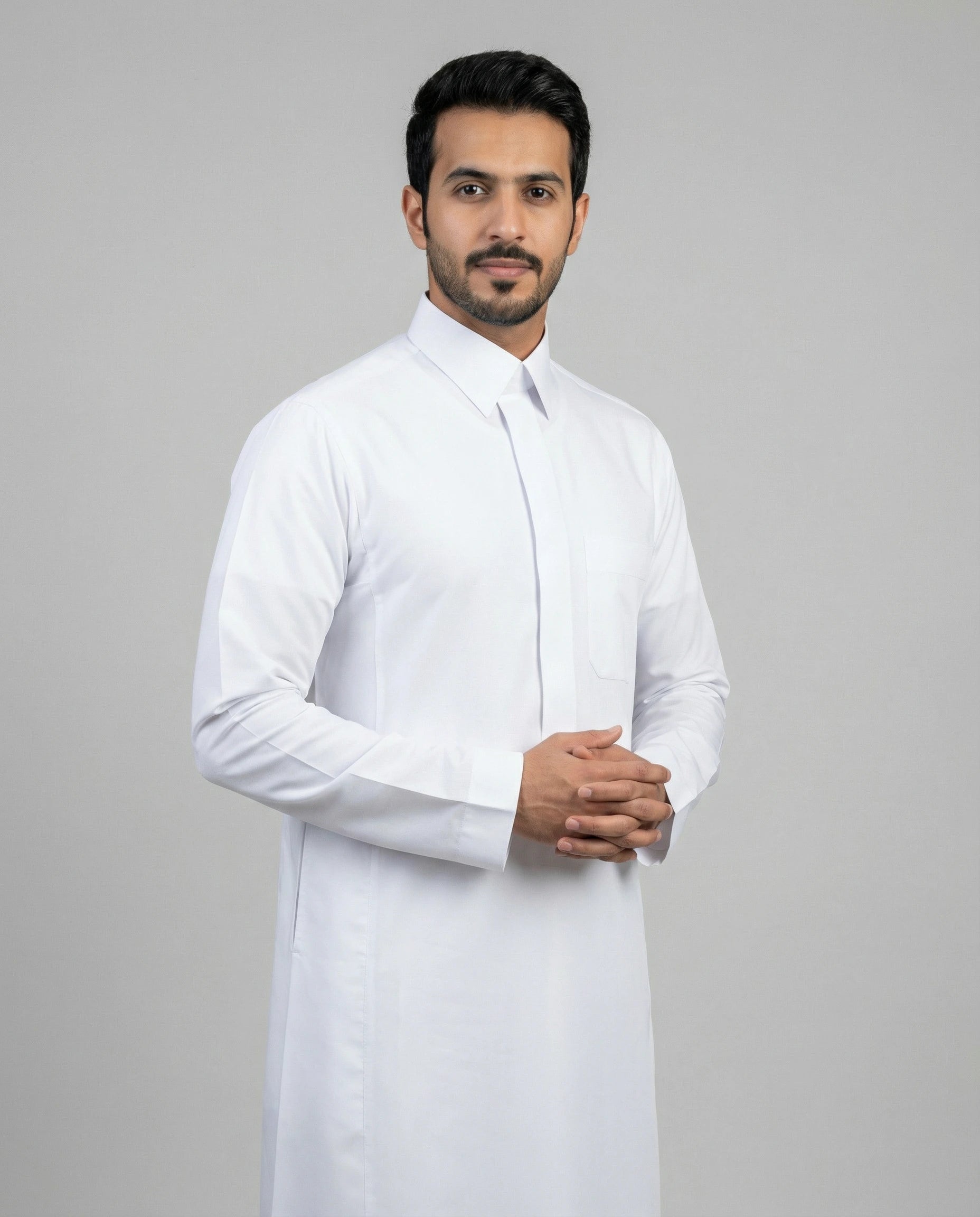 Haybah Pure White Classic thobe for men featuring a turn down collar, premium lightweight fabric and refined everyday Saudi-inspired design