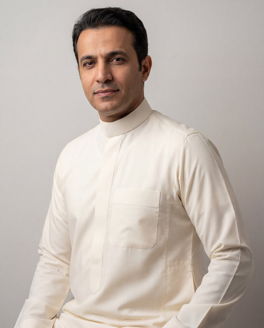 Premium Off White Saudi Thobe for Men – Refined Classic Mandarin Collar