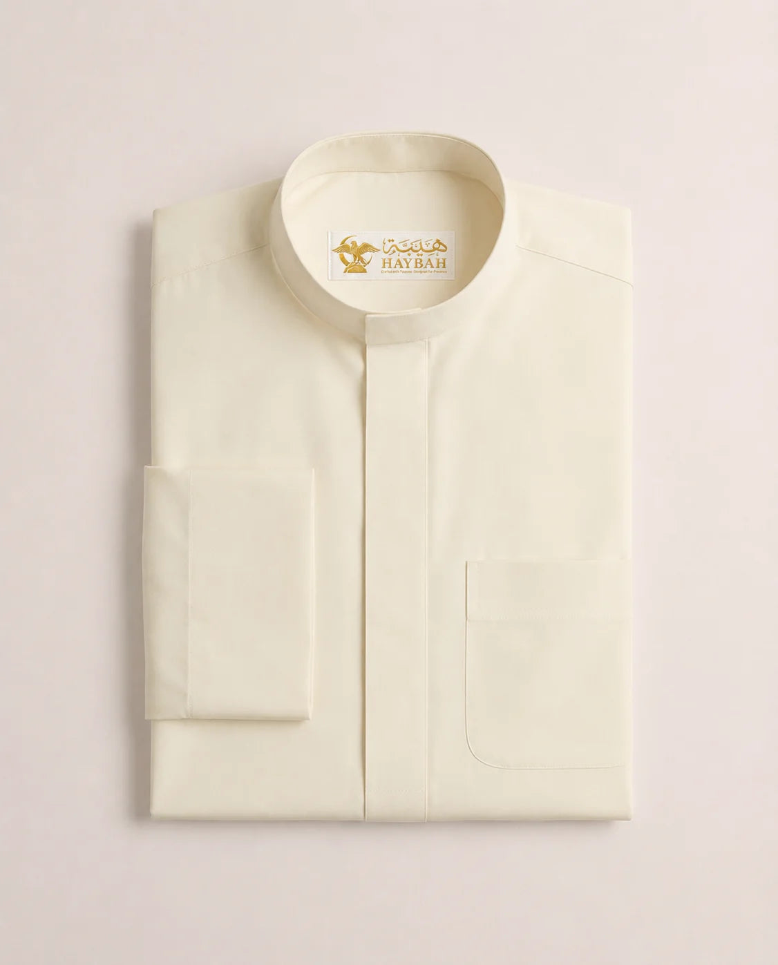 Folded Butter White Saudi Thobe with Mandarin Collar and Premium Tailoring Detail