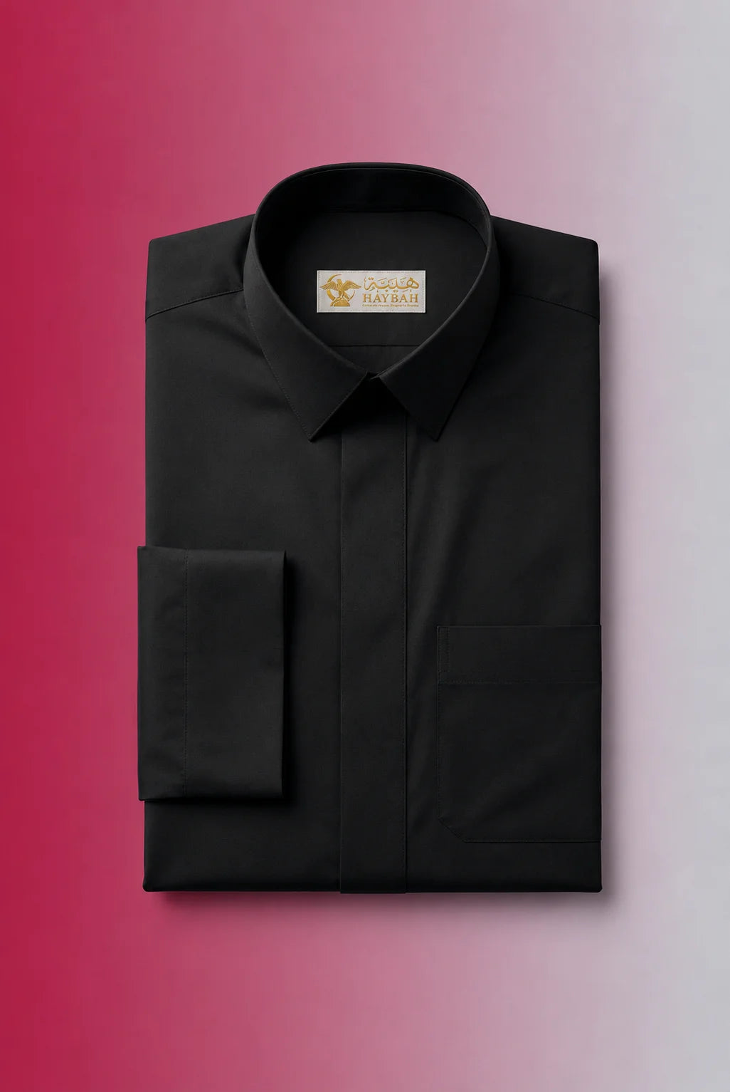 Folded Deep Black Classic Thobe showcasing luxury craftsmanship, concealed placket, structured collar, chest pocket detail, and premium breathable fabric. Luxury Saudi thobe, men's premium jubba, Islamic clothing for men, ثوب أسود رجالي فاخر, ثوب سعودي راقٍ, جلابية رجالية أنيقة, دشداشة رجالية فخمة, premium Arab menswear suitable for prayer, Eid, Ramadan, and daily sophistication.