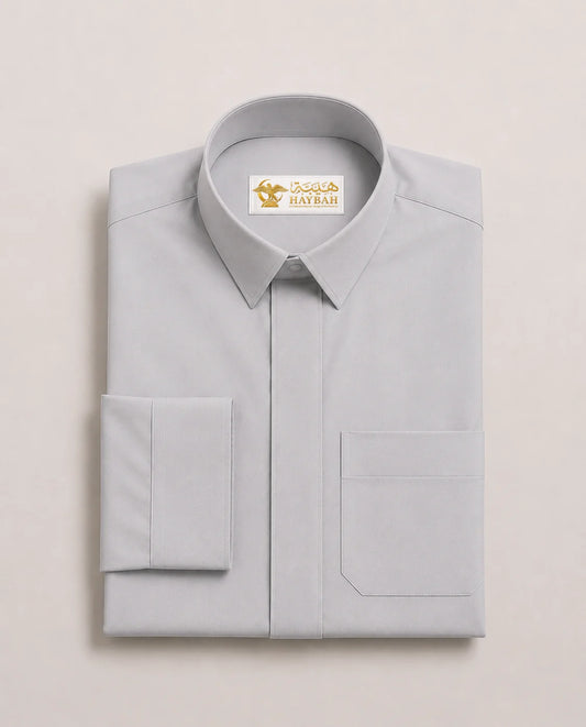 Folded Light Grey Saudi Thobe with Turn-Down Collar – Premium Men's Islamic Clothing with Refined Everyday Design