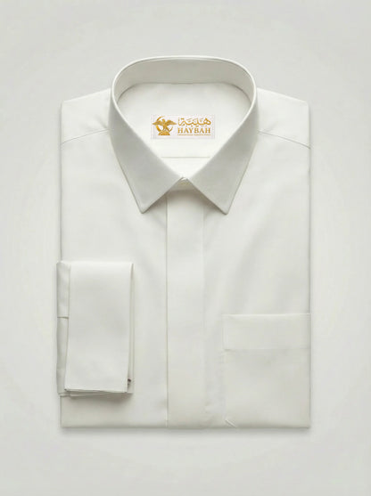 Folded Pearl White Premium Formal Thobe showcasing luxury fabric, structured formal collar, concealed placket design, premium craftsmanship, and elegant formal thobe construction by Haybah.