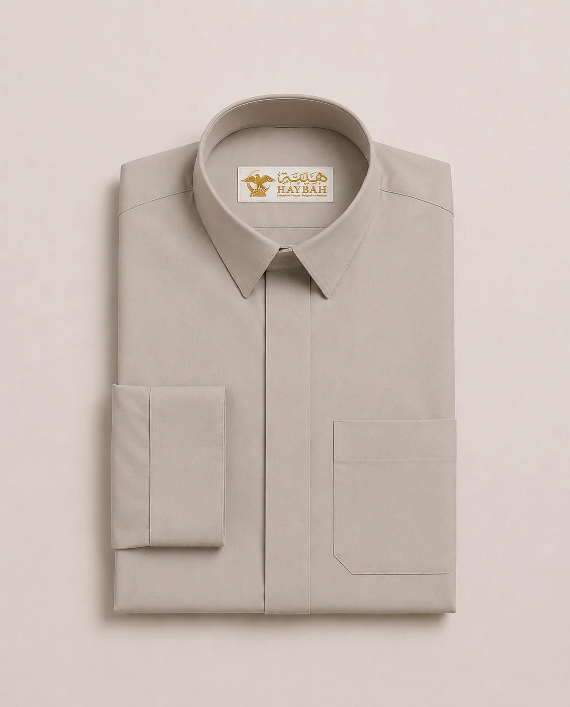 Folded Sand Grey Saudi Thobe with Turn-Down Collar – Elegant Men's Islamic Clothing for Daily and Formal Wear