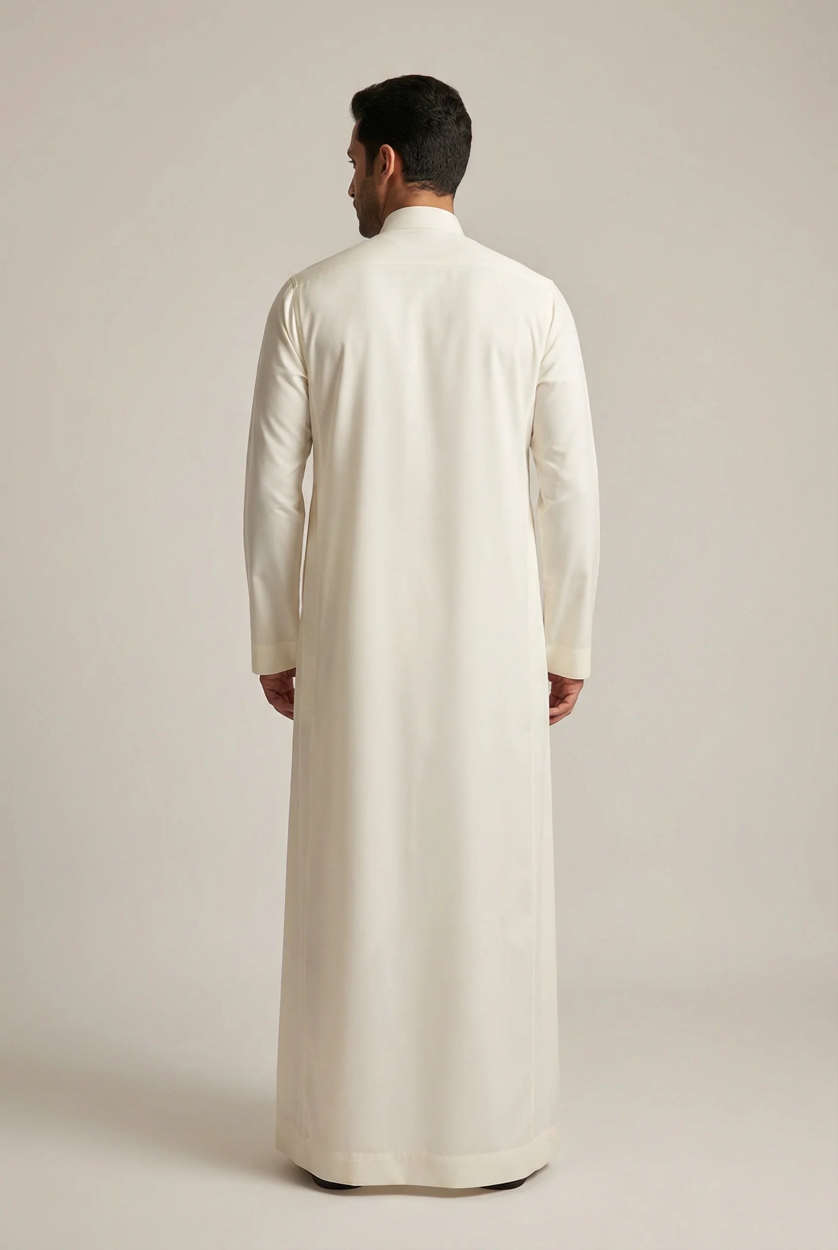 Back View of Butter White Saudi Thobe for Men Showing Clean Tailored Fit and Full Length Design