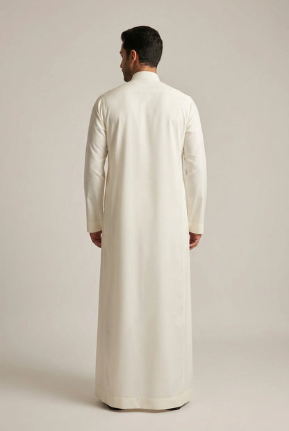 Back View of Butter White Saudi Thobe for Men Showing Clean Tailored Fit and Full Length Design
