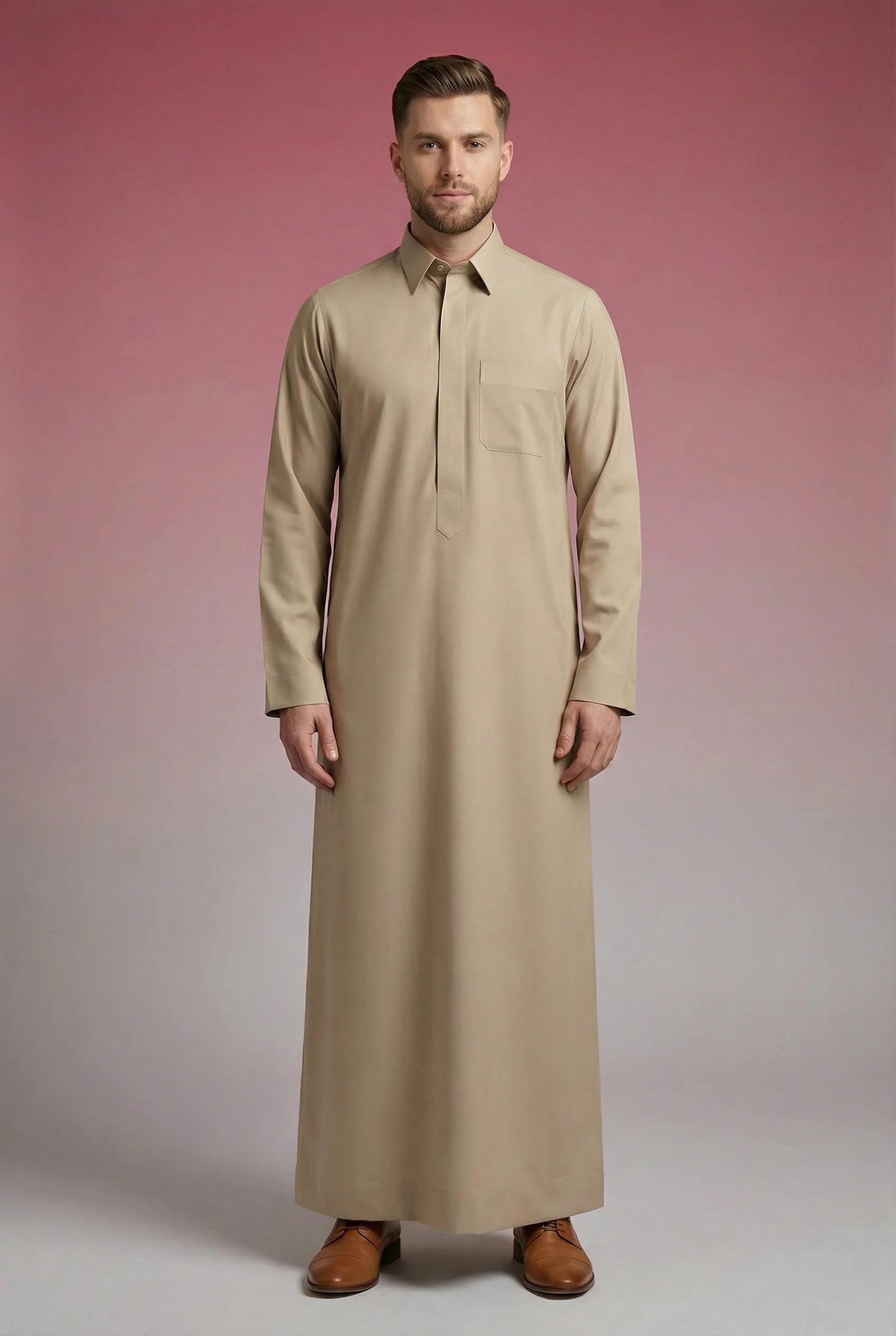 front profile of Desert Beige Classic Thobe displaying clean tailoring, refined shirt collar, premium fabric, and elegant full-length silhouette. Luxury men's thobe, Saudi jubba, Arabic menswear, ثوب سعودي أنيق, ثوب رجالي فاخر, ثوب بيج صحراوي, ثوب رسمي رجالي, جلابية رجالية مودرن, دشداشة رجالية أنيقة, premium Islamic clothing ideal for office wear, prayer, Ramadan, Eid, and formal occasions.