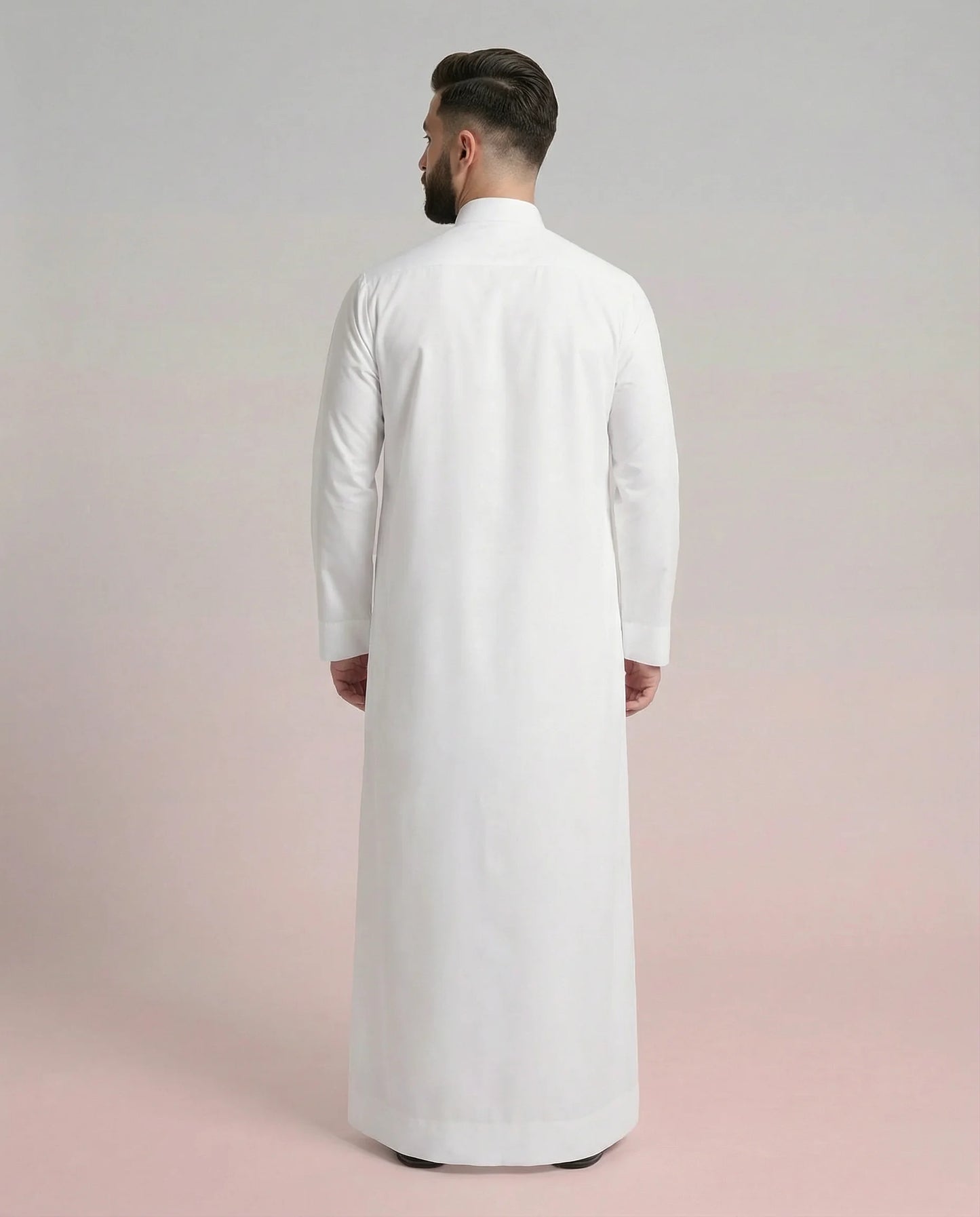 Back View of Ready White Signature Saudi Thobe for Men Showing Full-Length Tailored Fit and Premium Craftsmanship