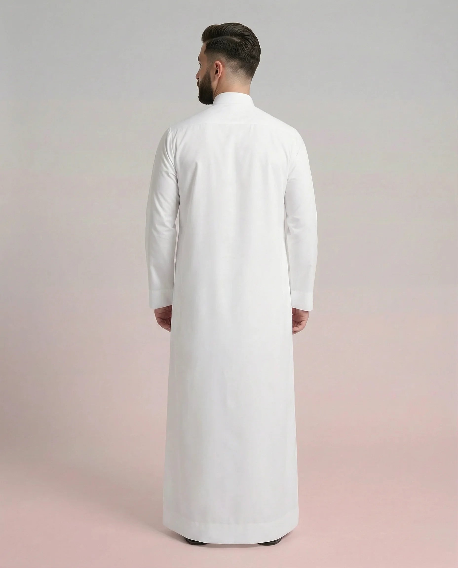 Back View of Ready White Signature Saudi Thobe for Men Showing Full-Length Tailored Fit and Premium Craftsmanship