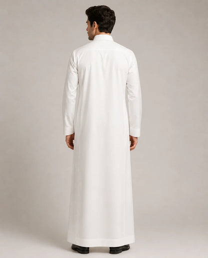 Back view of Pearl White Classic Saudi thobe for men showing clean tailored drape, long sleeves and premium traditional design