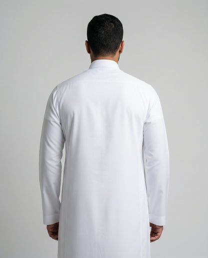 Rear view of Haybah Pure White Classic men's thobe highlighting elegant drape, long sleeves and minimalist traditional design