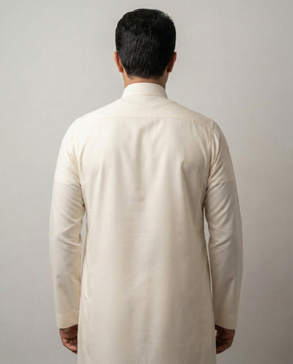 Back view of Off White Classic Saudi thobe for men highlighting a streamlined silhouette, long sleeves and refined traditional styling
