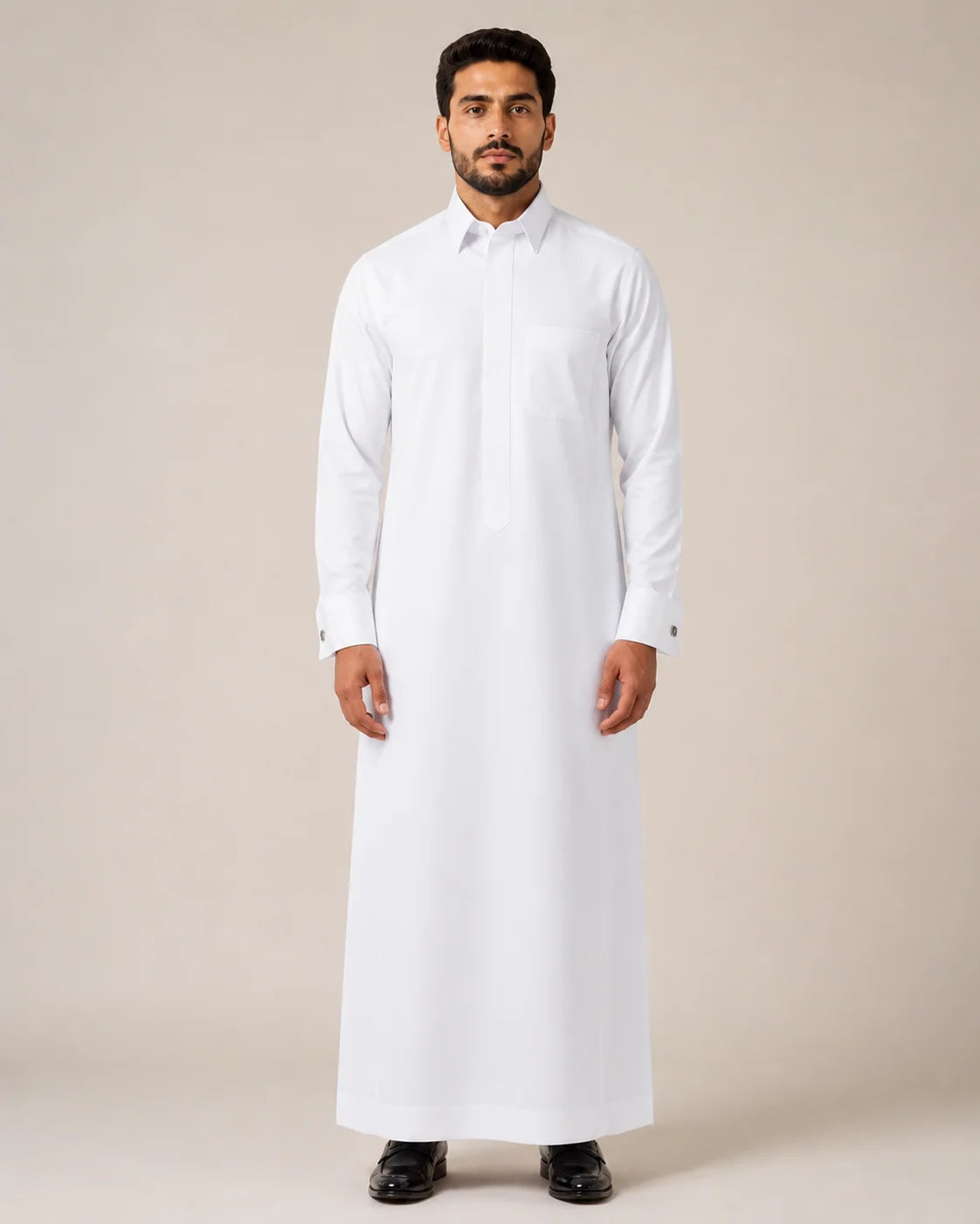 Front View of Al Noor Executive White Saudi Thobe for Men Featuring Classic Turn-Down Collar and Refined Executive Fit