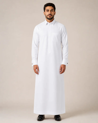 Front View of Al Noor Executive White Saudi Thobe for Men Featuring Classic Turn-Down Collar and Refined Executive Fit