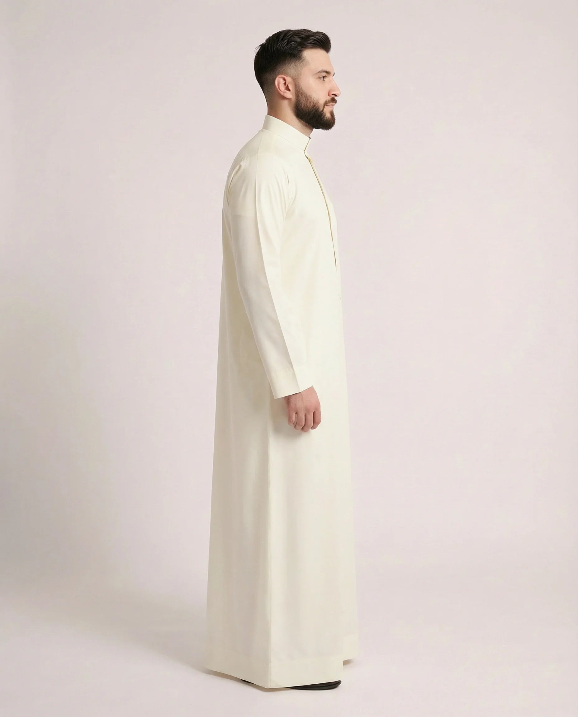 Side Profile of Butter White Saudi Thobe with Mandarin Collar and Refined Everyday Fit