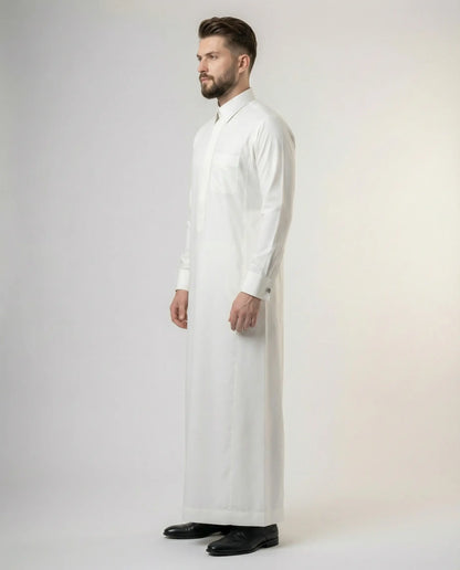 Side profile of Pearl White Premium Formal Thobe highlighting executive tailoring, structured fit, luxury fabric, formal collar, and sophisticated menswear styling.