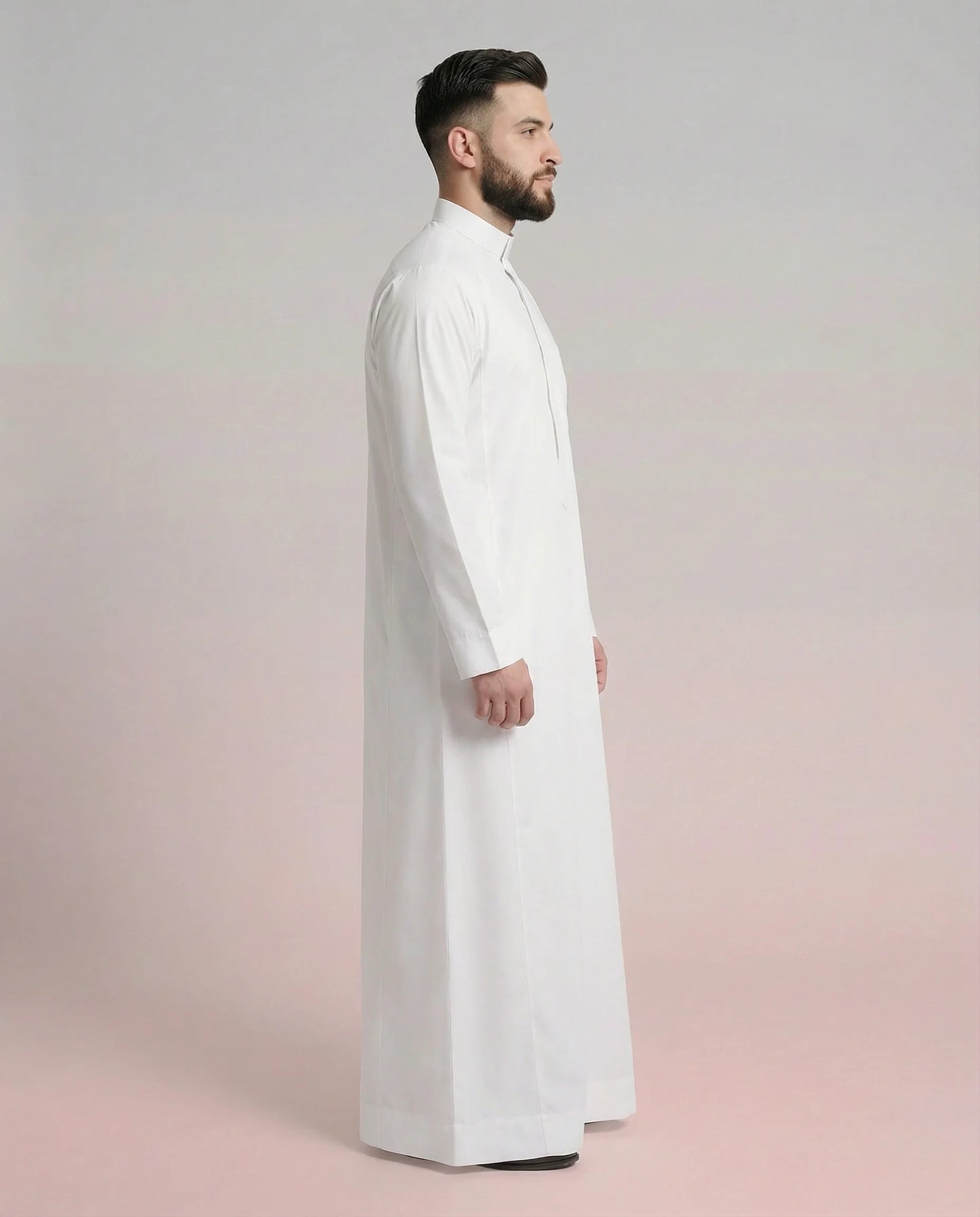 Side View of Ready White Signature Saudi Thobe with Modern Mandarin Collar and Elegant Traditional Design