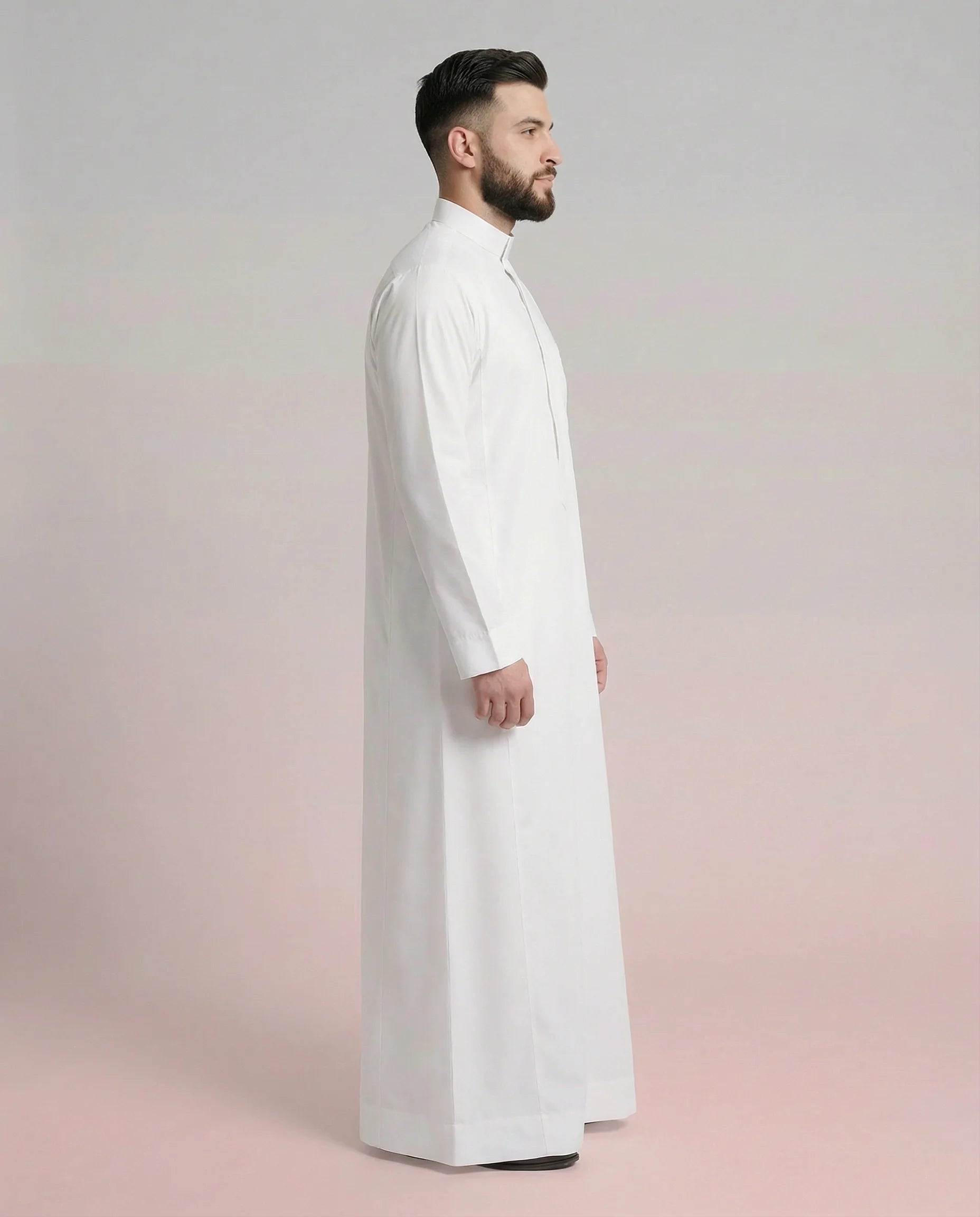 Side View of Ready White Signature Saudi Thobe with Modern Mandarin Collar and Elegant Traditional Design