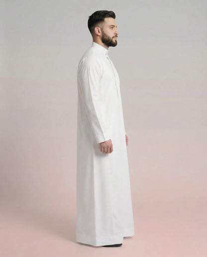 Side View of Ready White Signature Saudi Thobe with Modern Mandarin Collar and Elegant Traditional Design