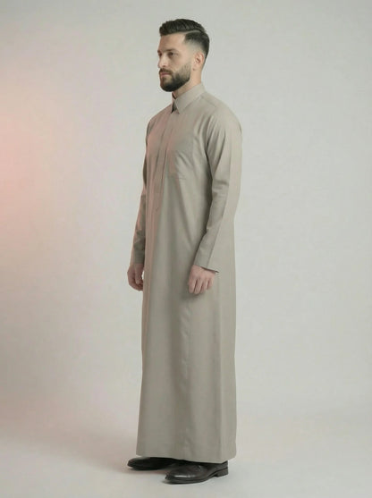 Side Profile of Sand Grey Saudi Thobe for Men Featuring Minimalist Styling and Comfortable Everyday Elegance