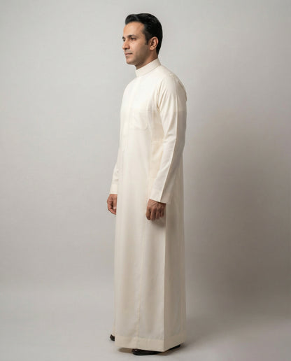 Side profile of Off White Classic men's thobe featuring a structured Mandarin collar, premium fabric and modern tailored fit