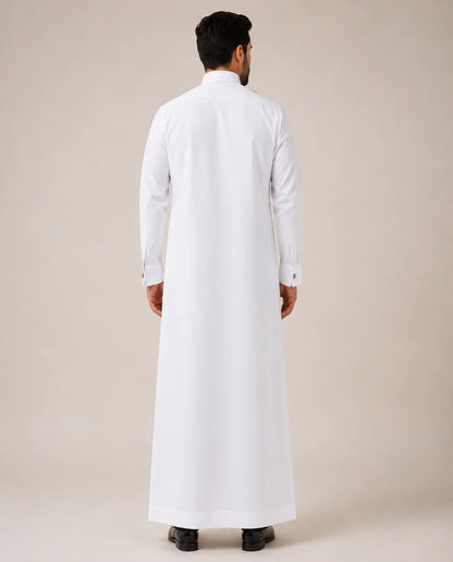 Back View of Al Noor Executive White Saudi Thobe Showcasing Clean Tailored Silhouette and Premium Traditional Craftsmanship