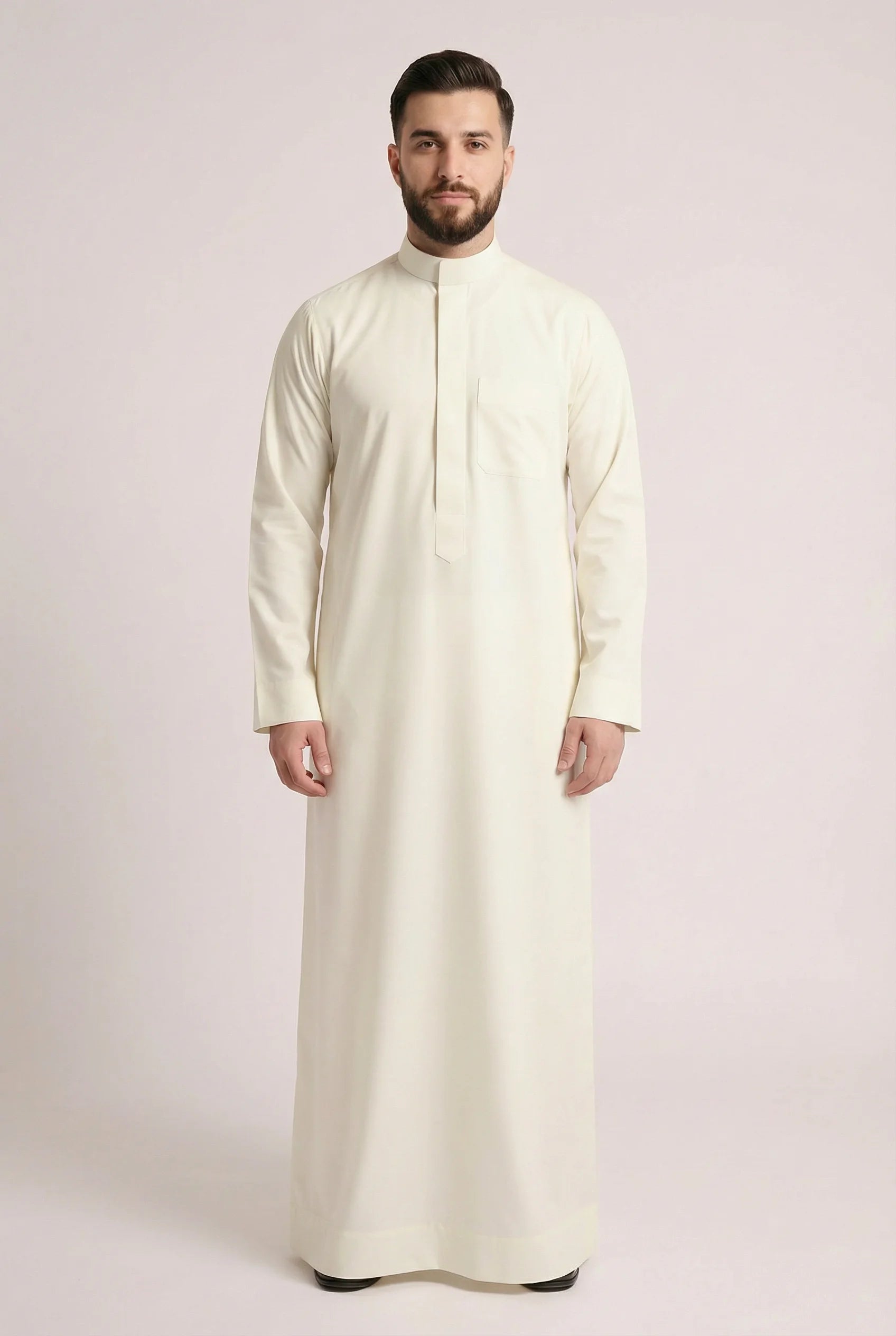 Front View of Butter White Saudi Thobe for Men Featuring Minimalist Mandarin Collar and Refined Everyday Style
